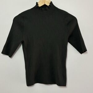 Lilla P Small Mock Neck Classic Comfort Elbow Sleeve Top Black Minimalist Chic